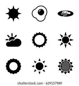 set of 9 sunny filled icons such as sun, sunflower, fried egg and bacon, egg