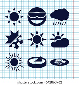 Set of 9 sunny filled icons such as sun, emot in sun glasses, fried egg and bacon, cold and hote mode, sun cloud