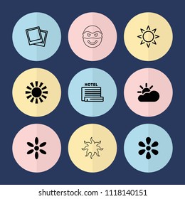 Set of 9 sunset filled and outline icons such as sun, sun cloud, photo
