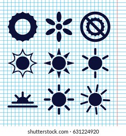 Set of 9 sunshine filled icons such as sun, sun rise