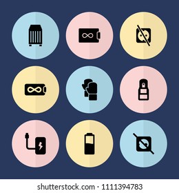 Set of 9 supply filled icons such as cargo container, office supply, battery, no plug, endless battery