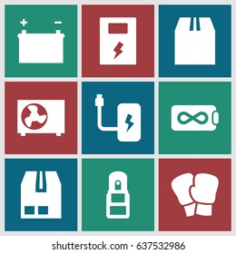 set of 9 supply filled icons such as cargo container, office supply, air conditioner, battery, endless battery