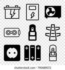 Set of 9 supply filled and outline icons such as office supply, plug socket, air conditioner, battery, endless battery