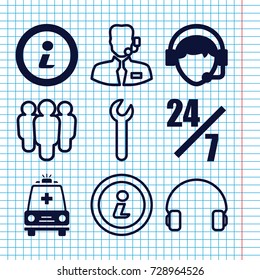 Set of 9 support filled and outline icons such as operator, ambulance, info, headset, help support, wrench, 24 hours support