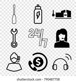 Set of 9 support filled and outline icons such as vice clamp, wrench, support, energetic drink, headset