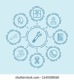 Set of 9 support outline icons such as leaf in hand, wrench, call center, contact book, builder, ribbon, 24 hours