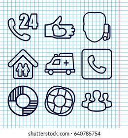 Set of 9 support outline icons such as hand with heart, ambulance, call, family home, user group, lifebuoy, 24 hours support