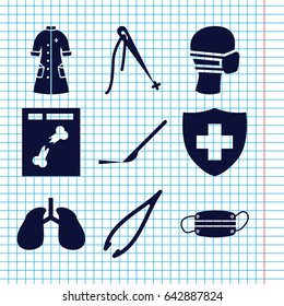 Set of 9 surgery filled icons such as tweezers, scalpel, lungs, medical sign, medical mask, x ray, nurse gown