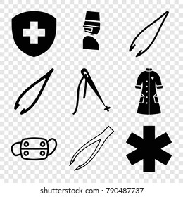 Set of 9 surgery filled and outline icons such as tweezers, sewing, nurse gown, medical mask