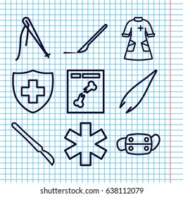 Set of 9 surgery outline icons such as tweezers, scalpel, medical sign, x ray, nurse gown, medical mask