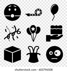 Set of 9 surprise filled icons such as surprised emot, party pipe, confetti, balloon, magic hat, box