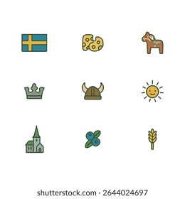 Set of 9 Sweden icons, flag and national symbols. Simple cartoon style illustration.