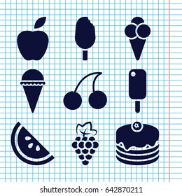 Set of 9 sweet filled icons such as grape, cherry, ice cream, cake, watermelon
