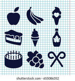 Set of 9 sweet filled icons such as grape, cake, piece of cake, ice cream, maple syrup, candy cane, banana