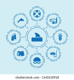 Set of 9 swim filled icons such as s, scuba, swimwear, swimming cap and glasses, lifebuoy, swimsuit, dolphin, shark flipper