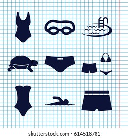 Set of 9 swim filled icons such as turtle, pool, swimsuit, swimmer, man swim wear, swim suit