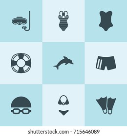 Set of 9 swim filled icons such as lifebuoy, swimsuit, dolphin, flippers, scuba, swimwear