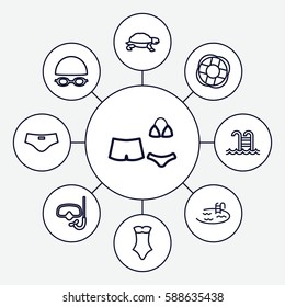 Set of 9 swim outline icons such as turtle, pool, swimsuit, swimming pool, man swim wear, lifebuoy, swimming hat and glasses