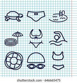 Set of 9 swim outline icons such as turtle, bikini, pool, inflatable pool and umbrella, man swim wear, lifebuoy, swimming, swimming hat and glasses