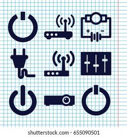 Set of 9 switch filled icons such as sliders, plug, router, switch off