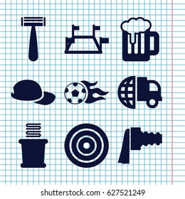 Set of 9 symbol filled icons such as razor, towels, camera zoom, football ball, baseball cap, beer, locations, target