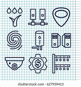 Set of 9 system outline icons such as security camera, irrigation system, guitar mediator, watering system, geyser, finger print, server