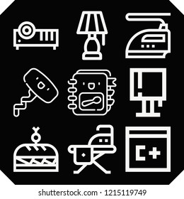 Set of 9 table outline icons such as projector, iron, computing, ironing board, lamp, recipe book, snack