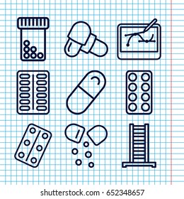 Set of 9 tablet outline icons such as ladder, pill, medical pills, pen tool on tablet