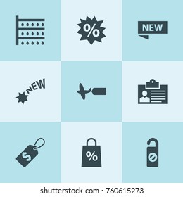 Set of 9 tag filled icons such as shower, badge, do not disturb, shopping tag, plane, new