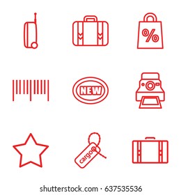 set of 9 tag outline icons such as star, cargo tag, luggage, camera printing photo, suitcase, barcode, new