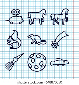 Set of 9 tail outline icons such as horse, mouse, squirrel, mouse toy, extinct sea creature, extinct fish