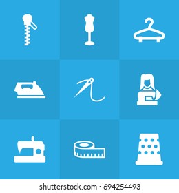 Set Of 9 Tailor Icons Set.Collection Of Mannequin, Seamstress, Rack And Other Elements.