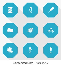 Set Of 9 Tailor Icons Set.Collection Of Knitting, Mannequin, Bodkin And Other Elements.