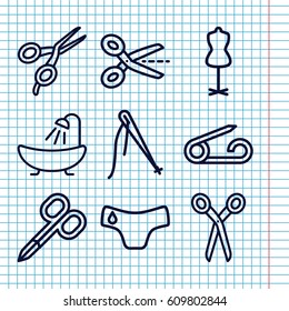 Set of 9 tailor outline icons such as pin, children panties, barber scissors, manicure scissors, shower, mannequin, scissors