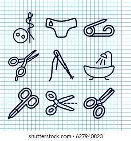 Set of 9 tailor outline icons such as pin, children panties, manicure scissors, barber scissors, needle button, shower, scissors
