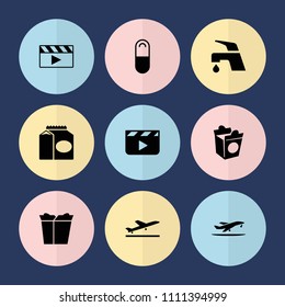 Set of 9 take filled icons such as plane taking off, tap, clapper board, take away food