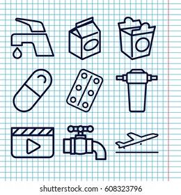Set of 9 take outline icons such as plane taking off, tap, take away food, medical pills