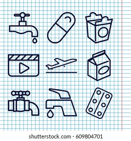 Set of 9 take outline icons such as plane taking off, tap, take away food, medical pills, pill