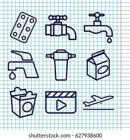 Set of 9 take outline icons such as plane taking off, tap, take away food, medical pills