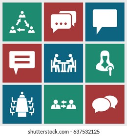 set of 9 talk filled icons such as chat, woman speaker, meeting, communication