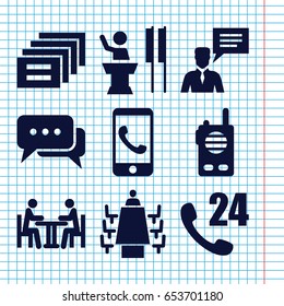 Set of 9 talk filled icons such as man with chat bubblle, meeting, chat, walkie talkie, message, speaker, phone call