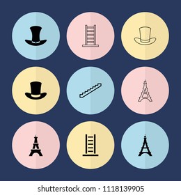 Set of 9 tall filled and outline icons such as eiffel tower, hat, stairs