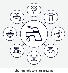 Set of 9 tap outline icons such as tap, sink, hands washing