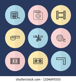 Set of 9 tape outline icons such as measure tape, ruler, scissors and ribbon