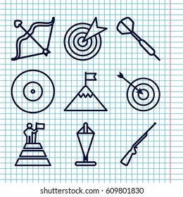Set of 9 target outline icons such as target, bow, hundting gun, dart, man at the top of the mountain with flag, flag on mountain