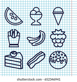 Set of 9 tasty outline icons such as mulberry, banana, ice cream, french fries, donut, ice cream ball, bacon, watermelon