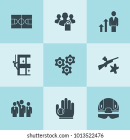 Set of 9 team filled icons such as businessman group, career growth, gear, skycrapers cleaning, paintball, privacy group, baseball glove and ball, football plan