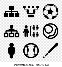 Set of 9 team filled icons such as structure, baseball, baseball bat, football, user, family structure