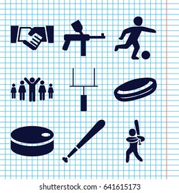 Set of 9 team filled icons such as baseball player, goal post, hockey puck, football player, baseball bat, handshake, group of people and man celebrating victory
