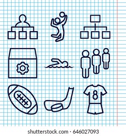 Set of 9 team outline icons such as structure, gear, swimmer, volleyball player, hockey stick and puck, football uniform, american football